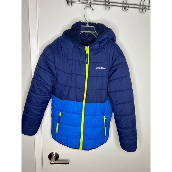 Eddie Bauer Boys Fleece Lined Reversible Puffer Coat Blue ~ Size M (10/12) - Picture 1 of 9
